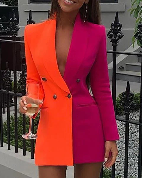 Women’s Blazer Dress – Tailored Fit – Two-Tone Design – V-Neck – Double Breasted Mini
