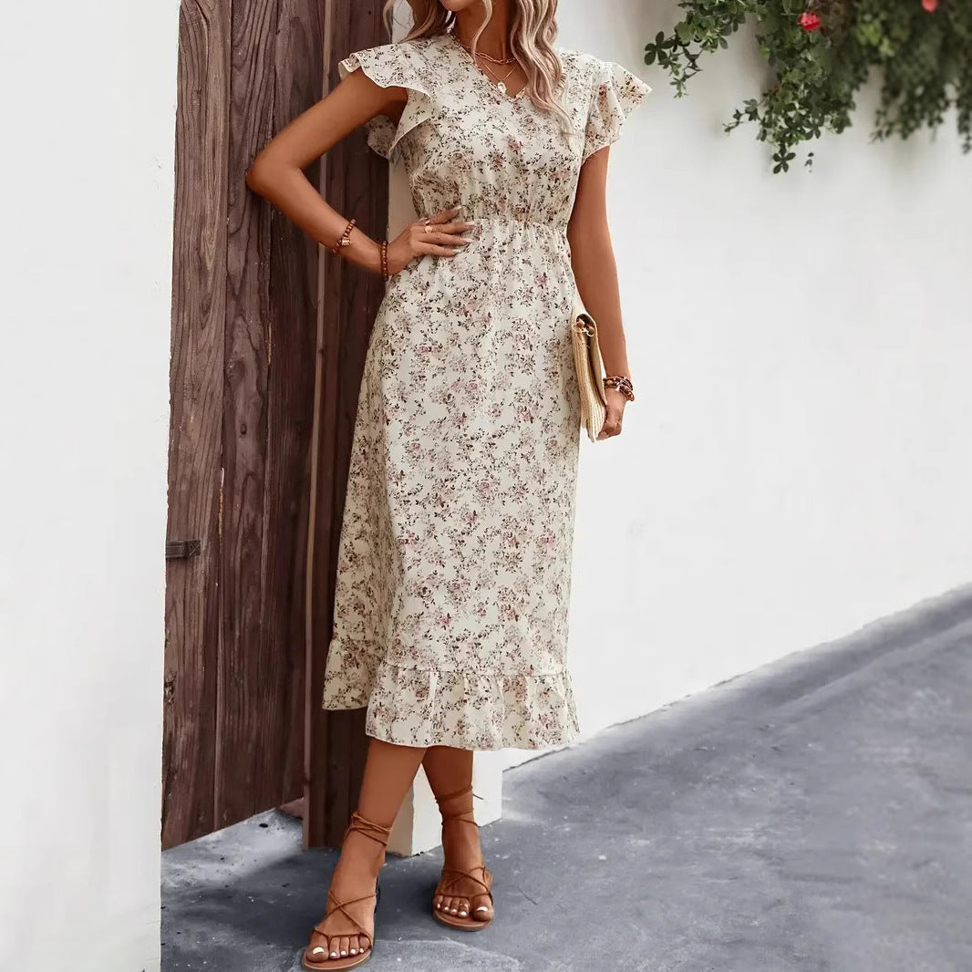 Women’s Midi Dress – V-Neck – Flutter Sleeve – Cinched Waist – Ruffled Hem – Relaxed Fit