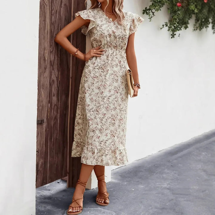 Women’s Midi Dress – V-Neck – Flutter Sleeve – Cinched Waist – Ruffled Hem – Relaxed Fit