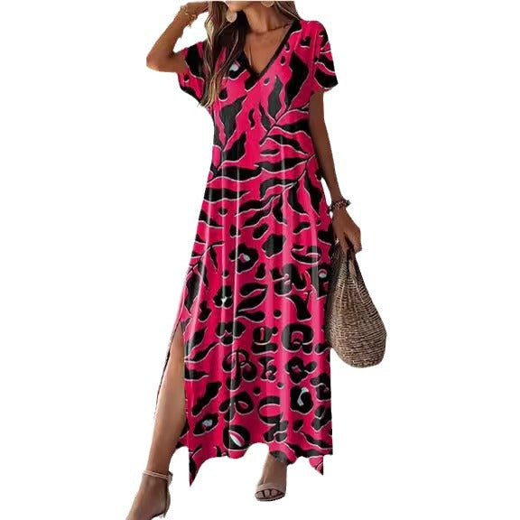 Women's Maxi Dress - Relaxed Fit - V-Neck - Short Sleeve