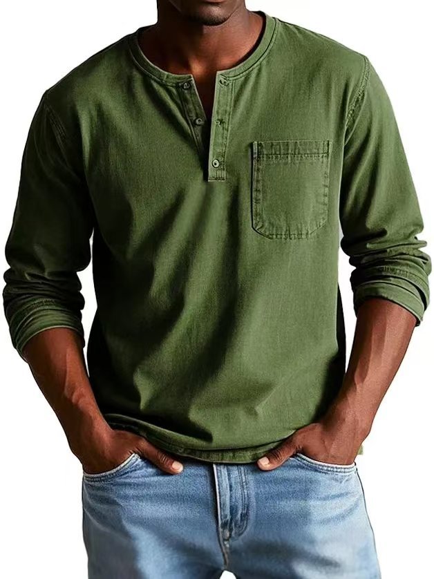 Men’s Long Sleeve T-Shirt – Slim Fit – Breathable Blend – Button Neck with Chest Pocket