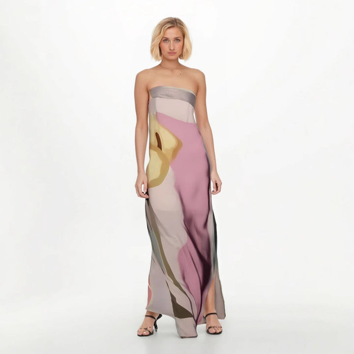 Women’s Strapless Midi Dress – Flowing Silhouette – Lightweight Abstract Pattern