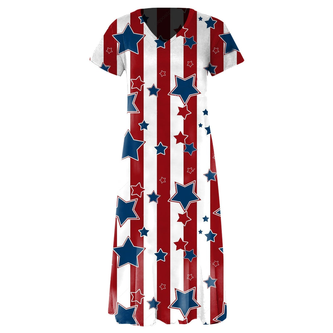Women’s Maxi Dress – Relaxed Fit – V-Neck – Short Sleeve – Cotton Blend – Graphic Print