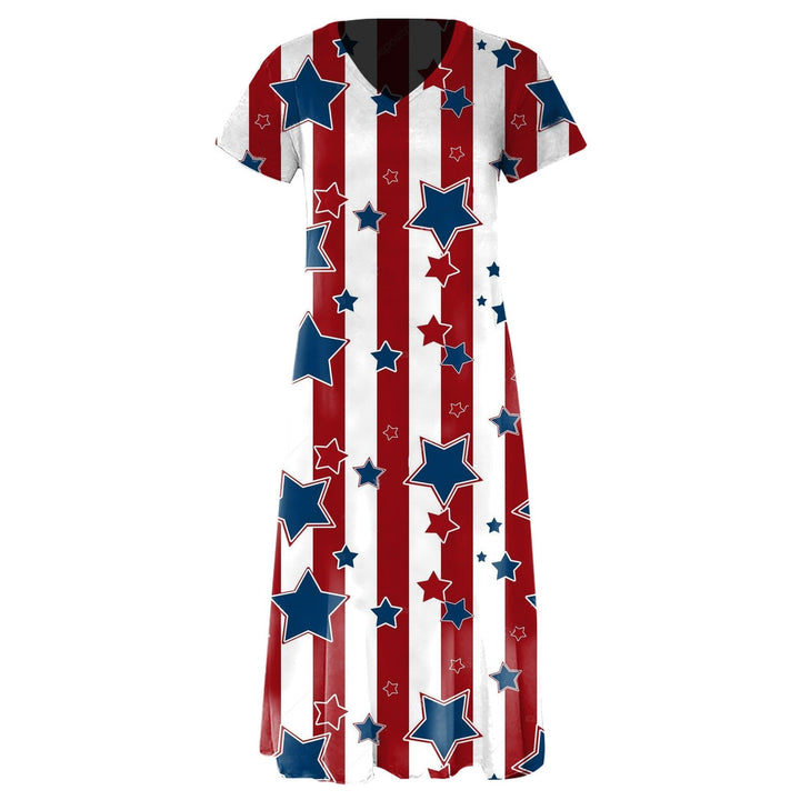 Women’s Maxi Dress – Relaxed Fit – V-Neck – Short Sleeve – Cotton Blend – Graphic Print