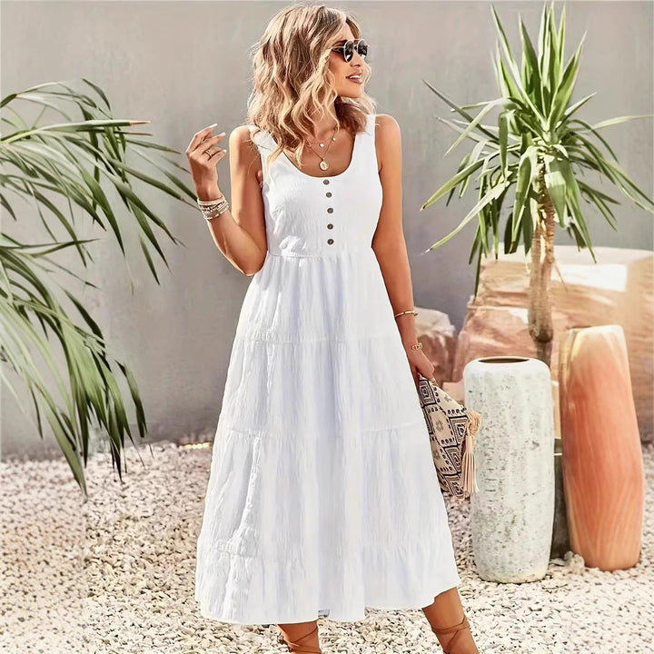 Women’s Maxi Dress - Sleeveless Tiered Skirt - Scoop Neck - Button Front Casual Fit