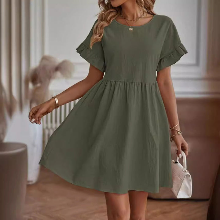 Women’s Short Dress – Lightweight Cotton Blend – Ruffle Sleeve – Round Neck – Above Knee