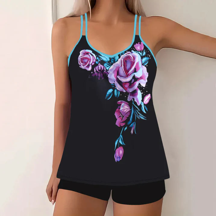 Women’s Tankini Set – Breathable Blend – V-Neck – Spaghetti Straps – Swim Shorts