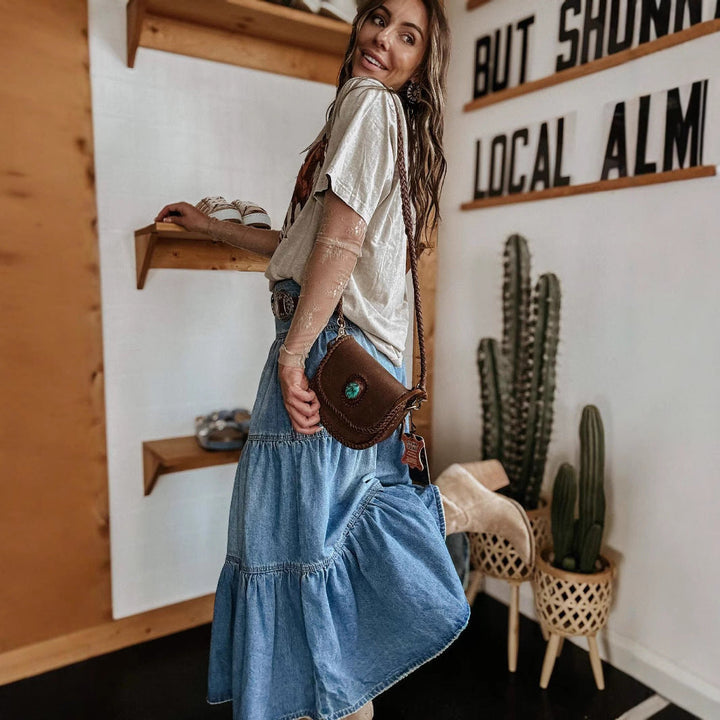 Women’s Denim Skirt - A-Line Fit - Tiered Design - Button Front - Casual Style