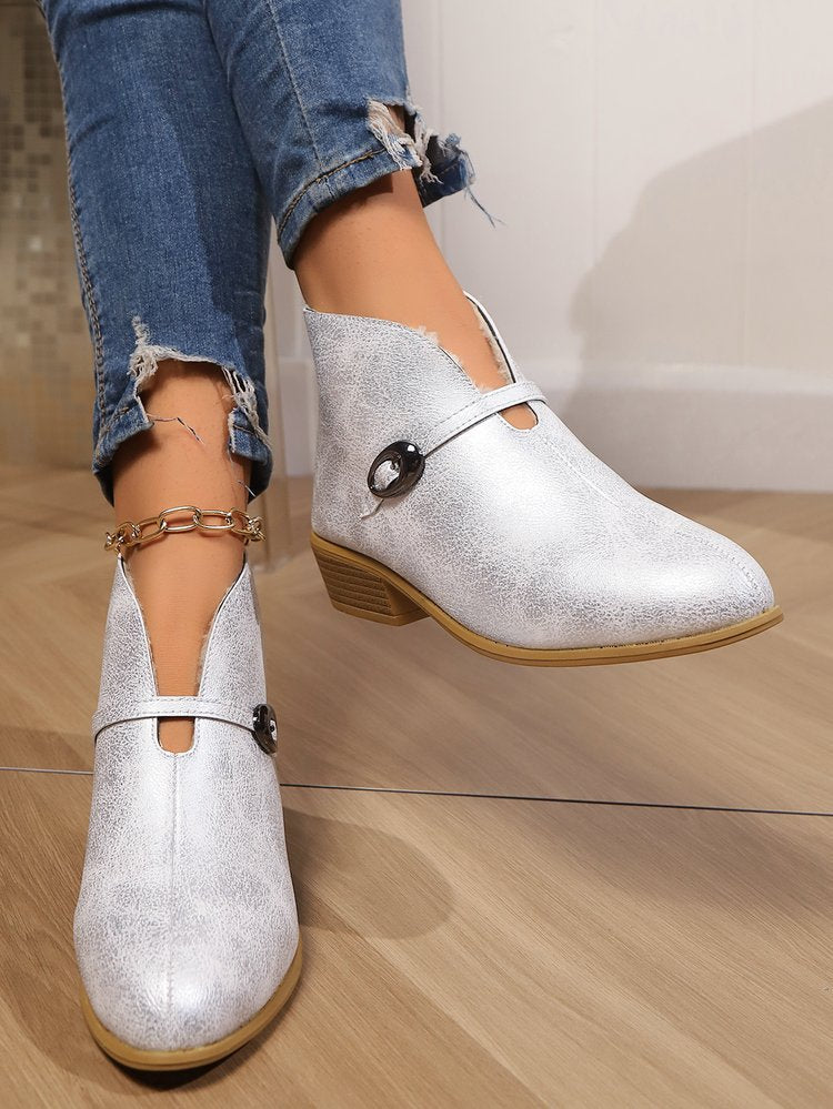 Women’s Ankle Boots – Suede Finish – Pointed Toe – Buckle Strap – Low Block Heel