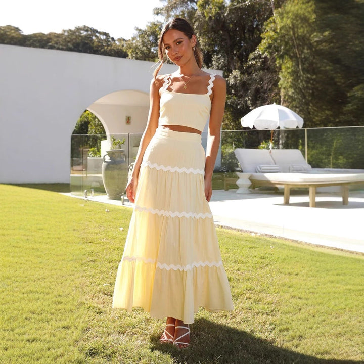 Women’s Two-Piece Set – One-Shoulder Crop Top – Tiered Maxi Skirt – Scalloped Trim