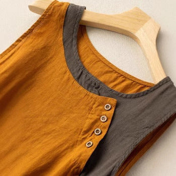 Women’s Sleeveless Top – Relaxed Fit – Asymmetrical Hem – Button Neckline – Natural Fibers