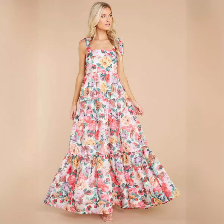Women’s Maxi Dress – Sleeveless Tiered – Square Neck – Lightweight Floral Cotton Blend