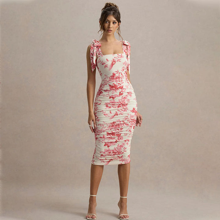 Women’s Sheath Dress - Midi Length - Square Neck - Sleeveless with Tie Straps - Floral Pattern