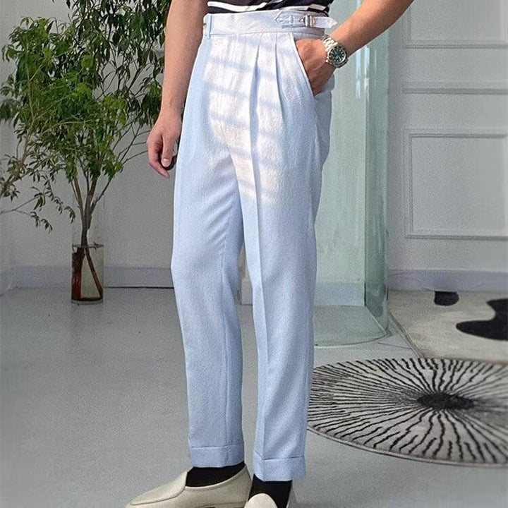 Men’s Straight-Leg Trousers - High Waist - Pleated Front - Breathable Textured Fabric