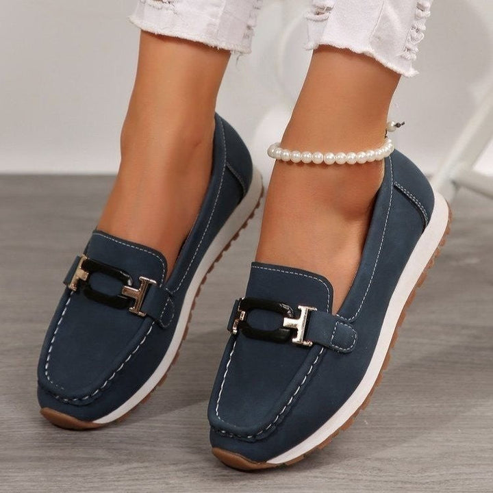 Women’s Loafers – Leather Upper – Slip-On Design – Metal Chain Detail – Rubber Sole