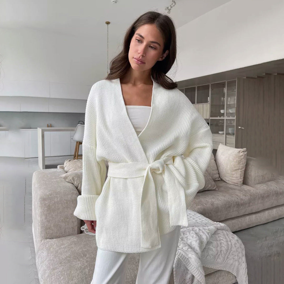 Women’s Knitted Cardigan - Oversized Fit - Ribbed Texture - V-Neck - Tie Waist - Long Sleeve