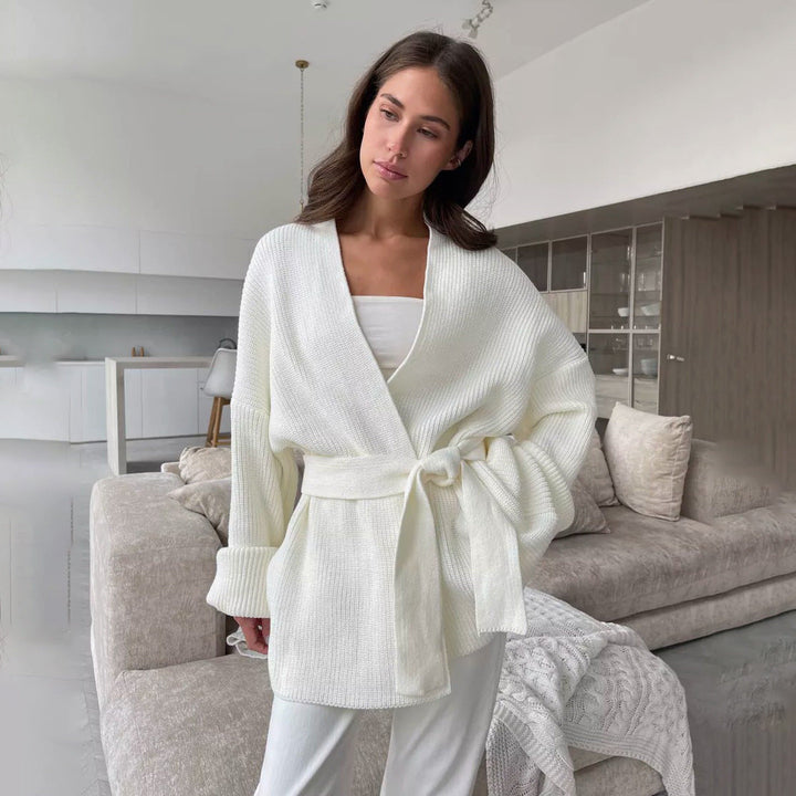 Women’s Knitted Cardigan - Oversized Fit - Ribbed Texture - V-Neck - Tie Waist - Long Sleeve