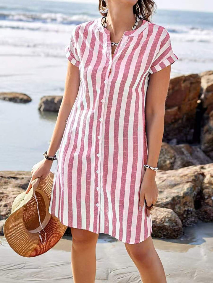 Women’s Shirt Dress – V-Neck – Button Front – Vertical Stripes – Relaxed Fit – Knee Length
