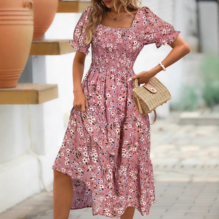 Women’s Midi Dress - Smocked Bodice - Puff Sleeve - Square Neck - Floral Print