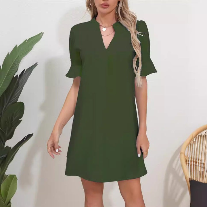 Women’s Dress – Relaxed Fit – V-Neck – Ruffle Sleeves – Soft Breathable Blend