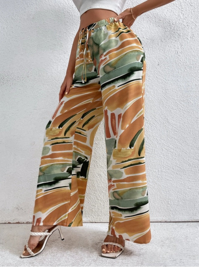 Women’s Wide-Leg Pants – Abstract Print – Drawstring Waist – Full Length – Relaxed Fit
