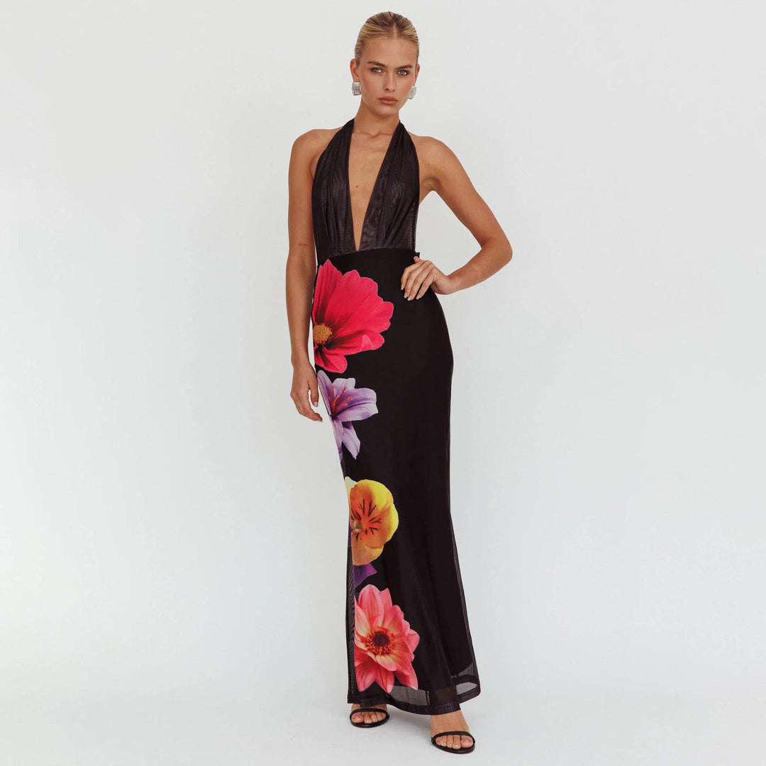 Women’s Maxi Dress - Halter Neck - Deep V-Neck - Fitted Bodice - Floral Flowing Skirt