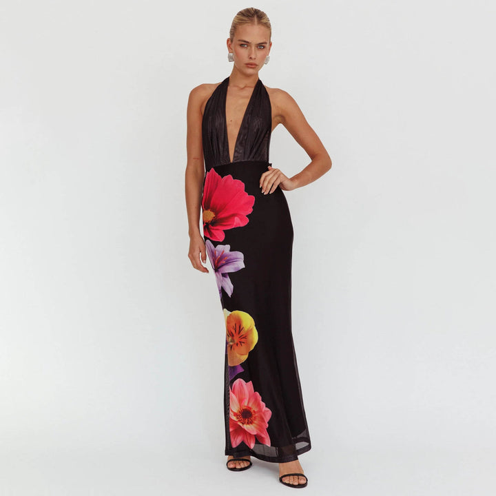 Women’s Maxi Dress - Halter Neck - Deep V-Neck - Fitted Bodice - Floral Flowing Skirt