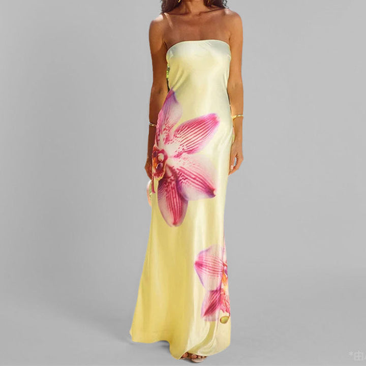 Women’s Strapless Maxi Dress - Floral Print - Elegant Flowing Fabric - Formal Fit