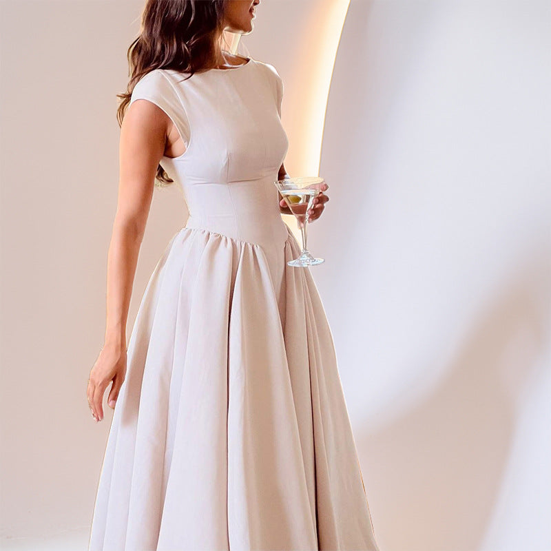 Women’s Midi Dress - Fitted Bodice - Pleated Flared Skirt - Sleeveless High Neckline