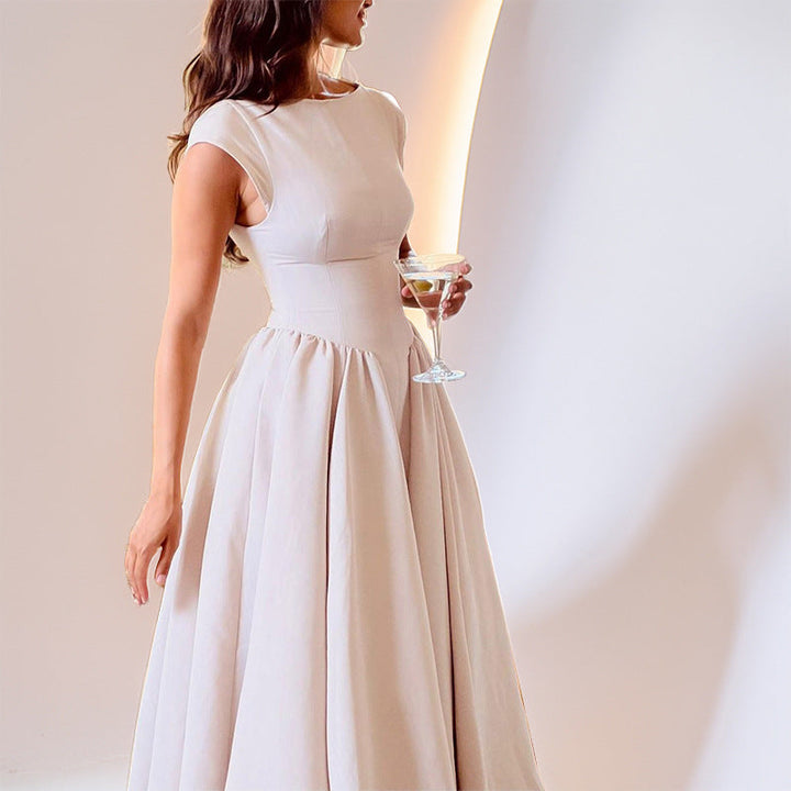 Women’s Midi Dress - Fitted Bodice - Pleated Flared Skirt - Sleeveless High Neckline