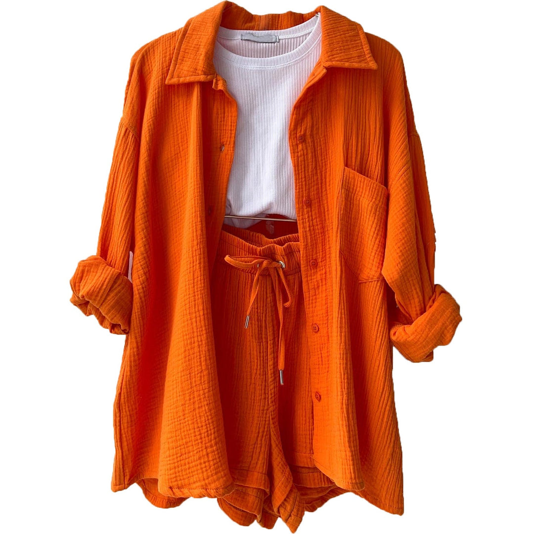 Women’s Two-Piece Set – Relaxed Crinkled Shirt – High-Waisted Drawstring Shorts