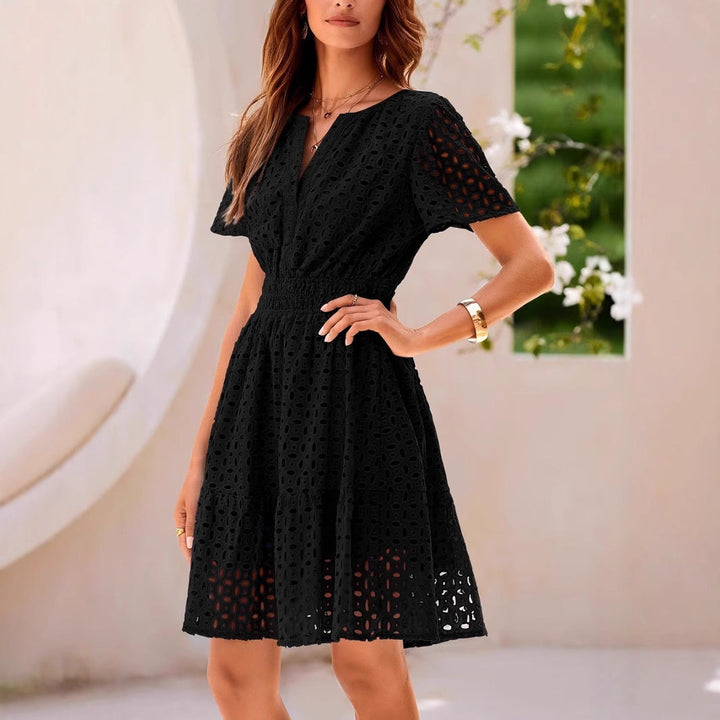 Women’s A-Line Dress - Eyelet Fabric - Smocked Waist - V-Neck - Short Puff Sleeve