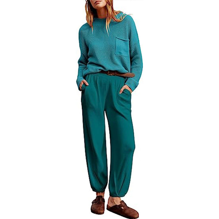 Women’s Two-Piece Loungewear Set – Knitted Long Sleeve Top – Elastic Waist Jogger Pants