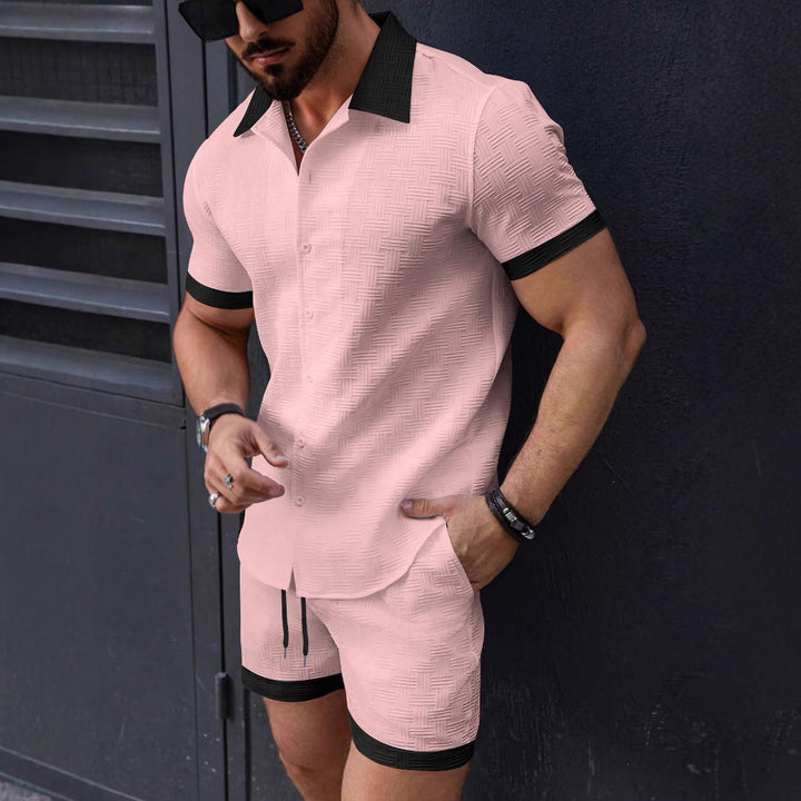 Men's Shirt and Shorts Set - Jacquard Texture - Relaxed Fit - Lapel Collar - Drawstring Waist