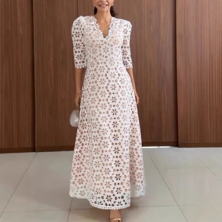 Women’s Lace Dress - V-Neck Scalloped - Floral Pattern - 3/4 Sleeve - A-Line Fit