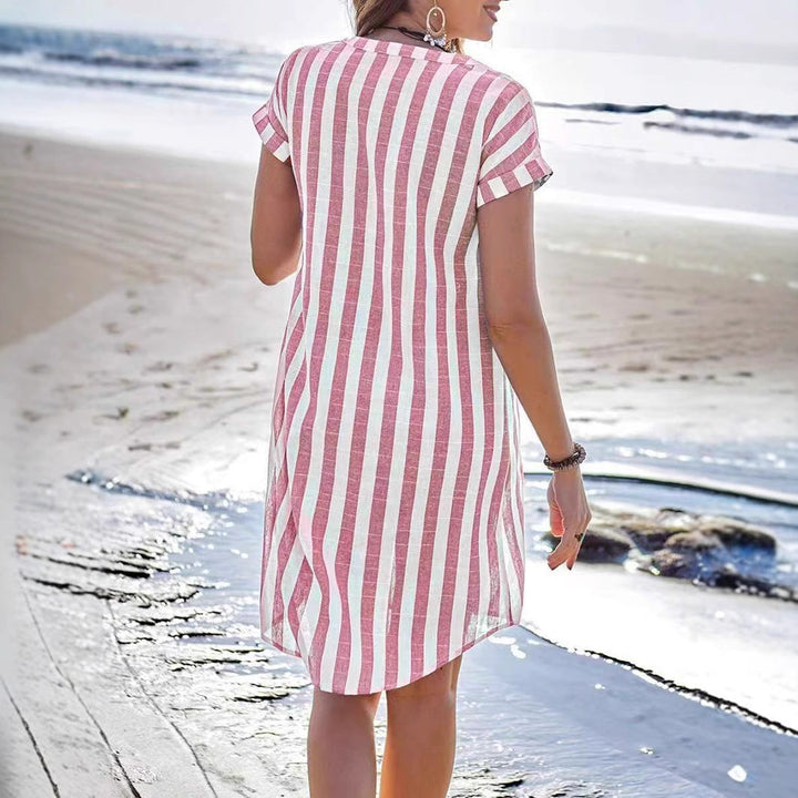 Women’s Shirt Dress – V-Neck – Button Front – Vertical Stripes – Relaxed Fit – Knee Length