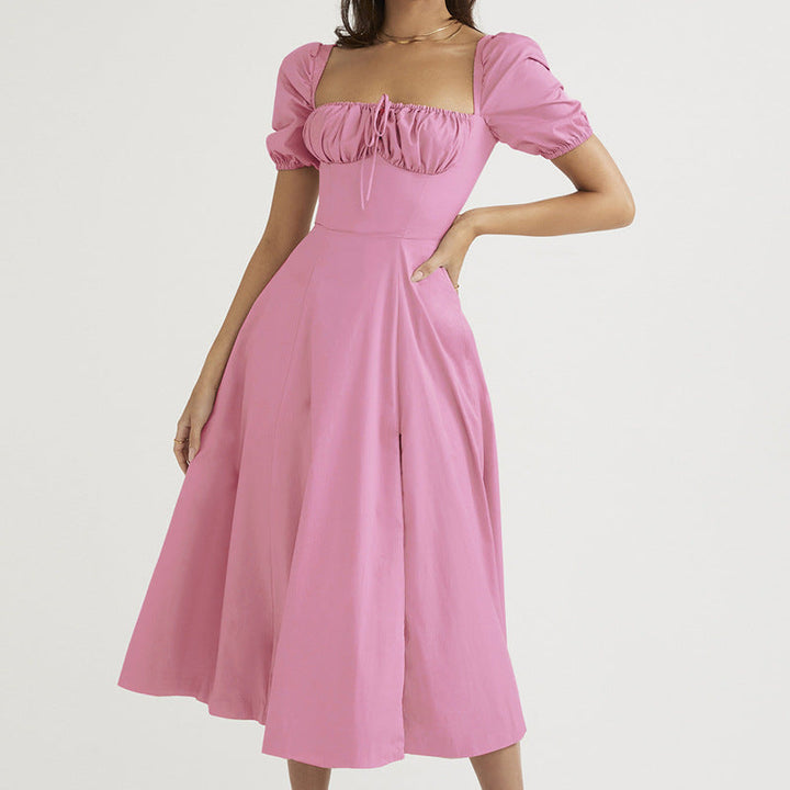 Women’s Off-Shoulder Dress - Puff Sleeve - Fitted Bodice - A-Line Midi with Front Slit
