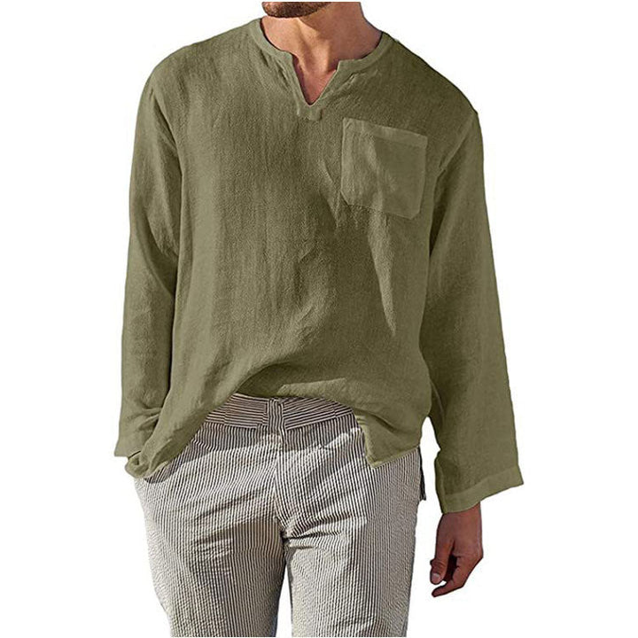 Men’s Long Sleeve Shirt - Linen Cotton Blend - Relaxed Fit - Band Collar Casual Wear