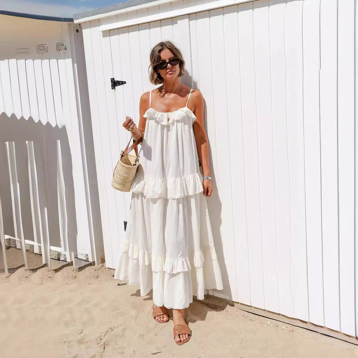 Women’s Maxi Dress - Lightweight Cotton - Ruffle Neckline - Tiered Skirt - Spaghetti Straps