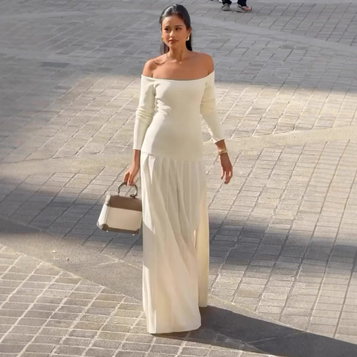 Women’s Off-Shoulder Dress – Long Sleeve – Fitted Bodice – Flowing Full-Length Skirt