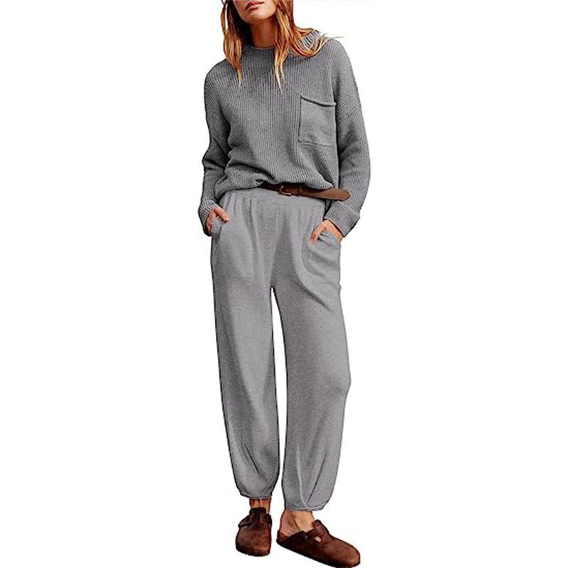 Women’s Two-Piece Loungewear Set – Knitted Long Sleeve Top – Elastic Waist Jogger Pants