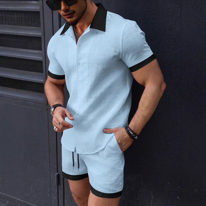 Men's Shirt and Shorts Set - Jacquard Texture - Relaxed Fit - Lapel Collar - Drawstring Waist