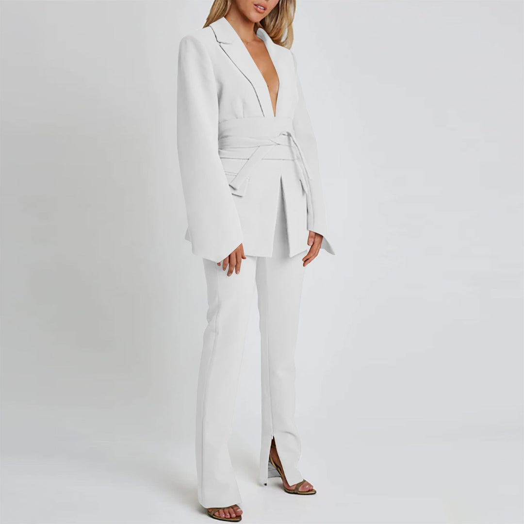 Women’s Blazer - Tailored Longline Fit - Self-Tie Waist - Notched Lapel - Flap Pockets