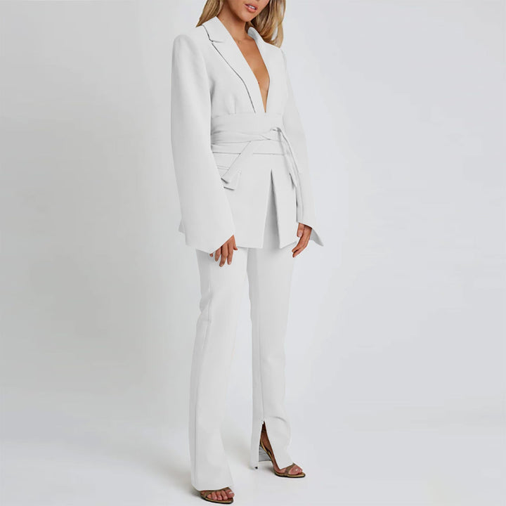 Women’s Blazer - Tailored Longline Fit - Self-Tie Waist - Notched Lapel - Flap Pockets