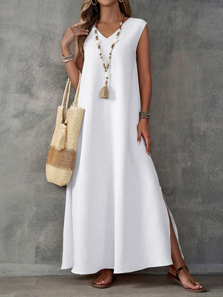 Women’s Maxi Dress – Flowing Fit – V-Neck – Sleeveless – Side Slits – Cotton