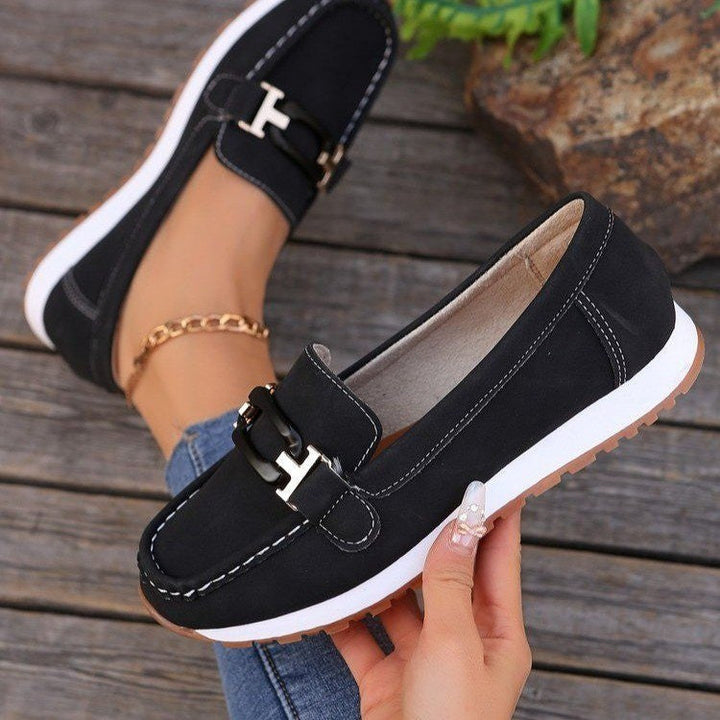 Women’s Loafers – Leather Upper – Slip-On Design – Metal Chain Detail – Rubber Sole