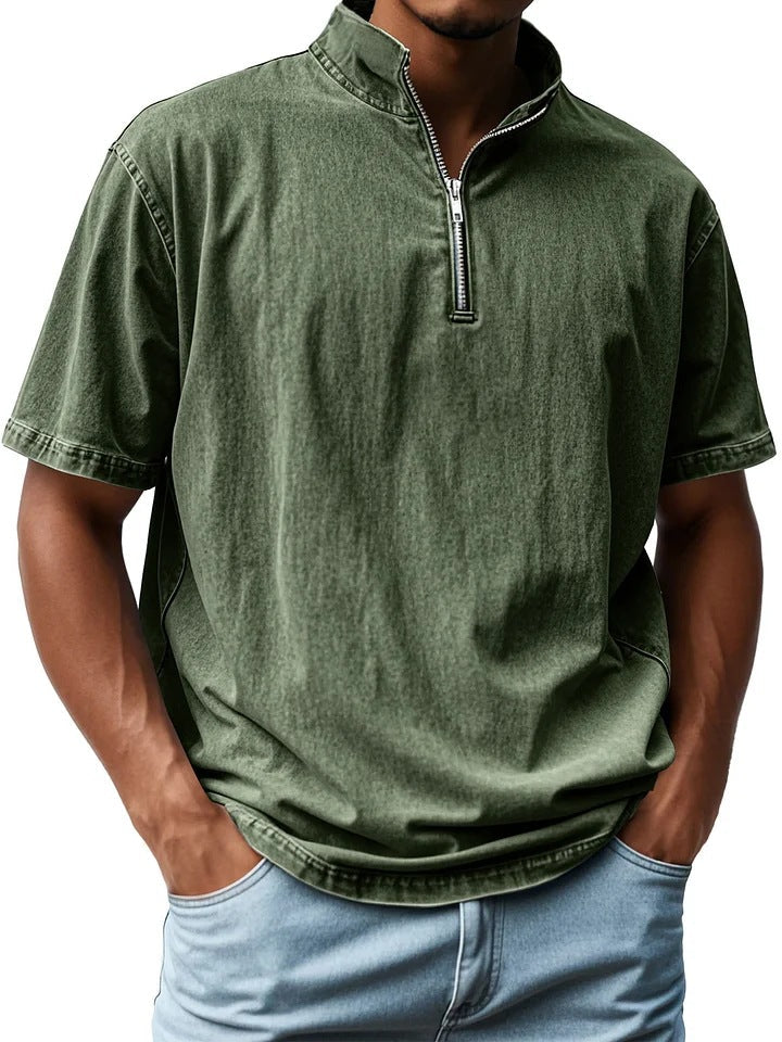 Men’s Short Sleeve Shirt - Fitted Retro Style - Zip Front - Stand Collar - Breathable Blend