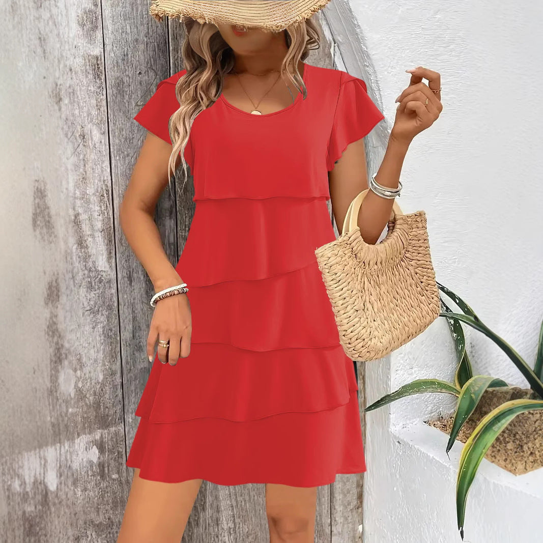 Women’s Tiered Dress – Relaxed Fit – A-Line Silhouette – Short Sleeve Breathable Blend