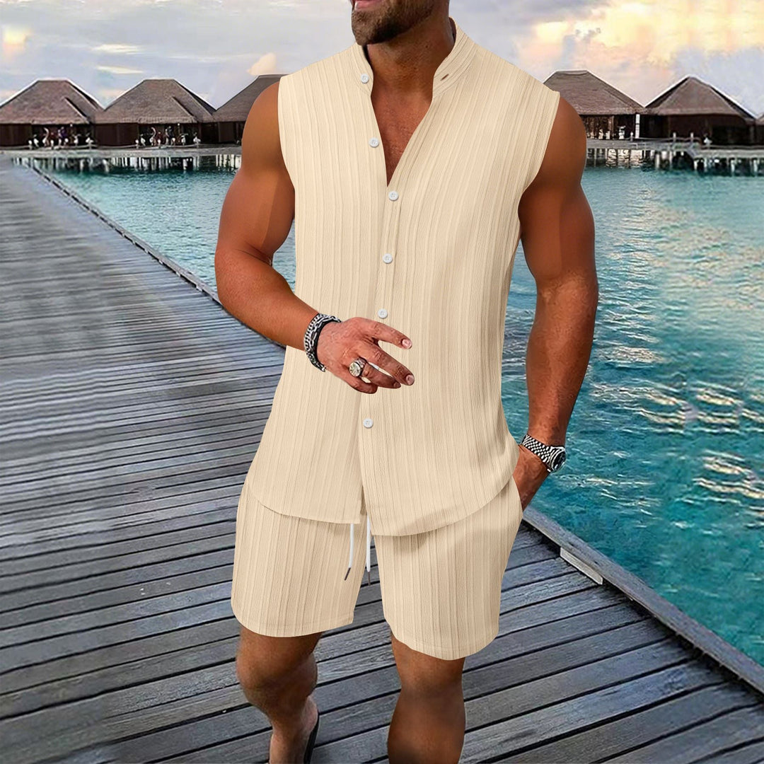 Men’s Shirt and Short Set – Sleeveless – Relaxed Fit – Button-Up – Linen – Mandarin Collar