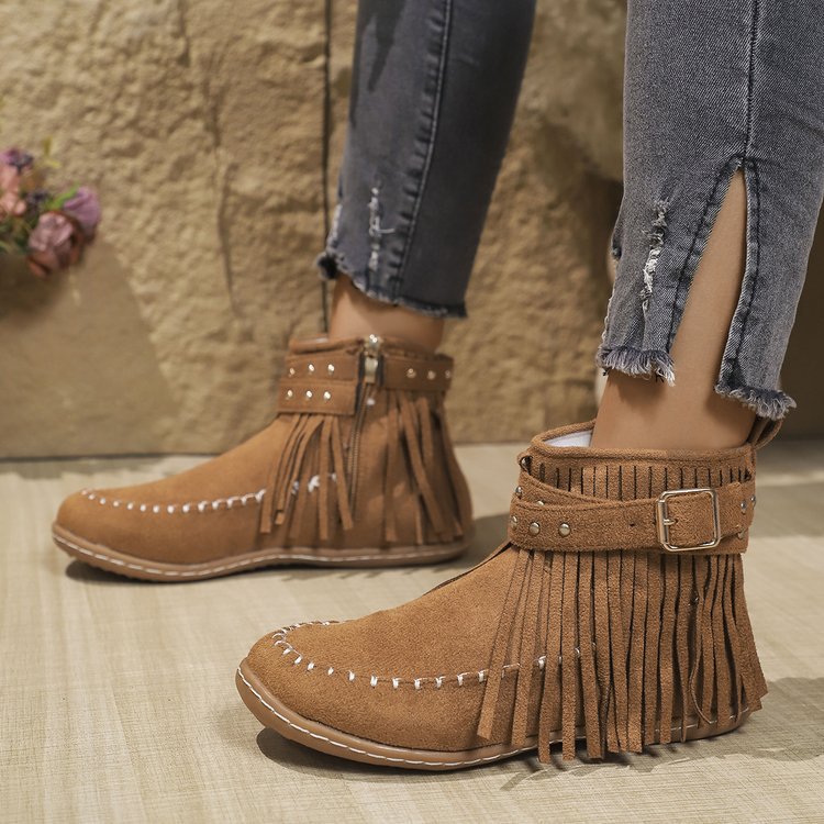 Women’s Short Boots - Suede Fringe - Metal Studded - Flat Sole - Side Zip Closure